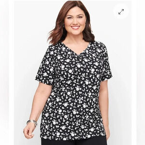 Talbots Knit Jersey Floral Keyhole Twist Top Black and White Size 1X